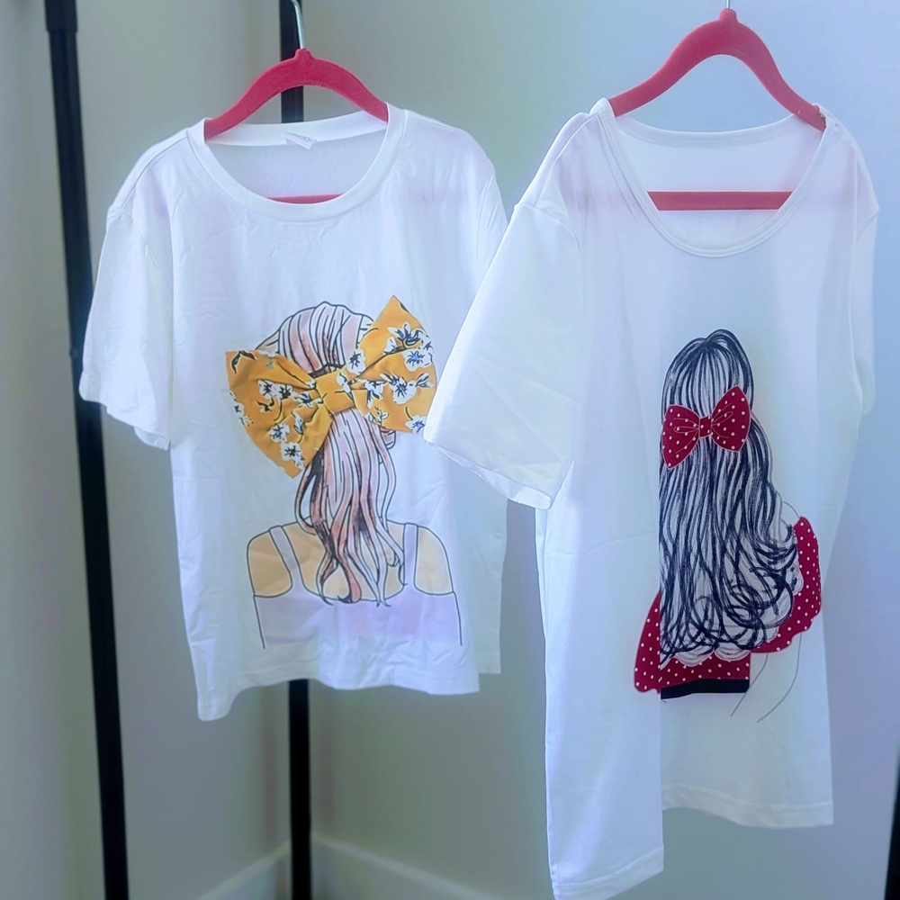 Set of 2 Girls White Graphic Tees with 3D Bow Detail - Size 7/8 - Picture 3 of 11